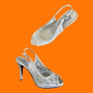 90's vintage ivory satin floral lace y2k slingback heels US Size 7.5 bridal
